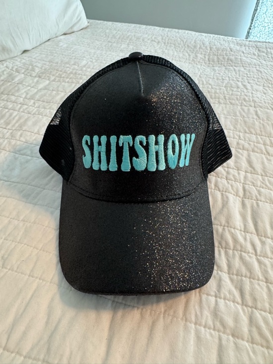 Source Unknown Accessories - Black Glitter Women’s Trucker Hat with Turquoise 'SHITSHOW' Embroidery